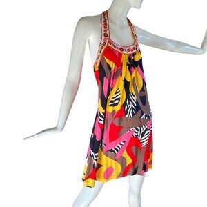 Flora Kung NWT $420 Spa Cover-up Vacay Halter Twin Print Silk Dress